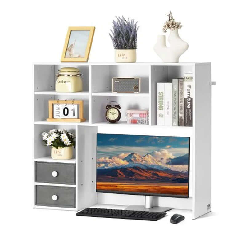 Desktop Bookshelf, 3-Tier Desktop Storage Organizer, 37' X 10' X 31.1' Office Storage Rack Wood Display Shelf, Desktop Bookshelf Hutch with Two Fabric Drawers, for Office, Home & Dorm, White