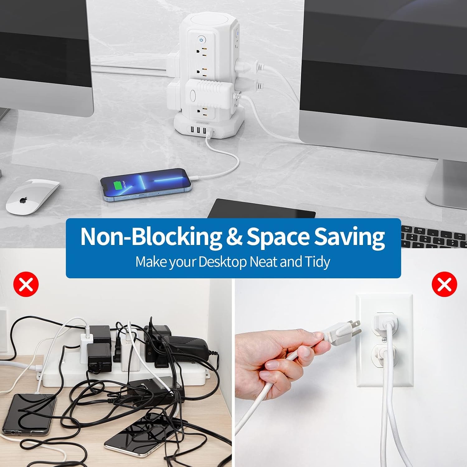 Power Up Your Space with the 10 FT Extension Cord Power Strip Tower - 16 Outlets & 4 USB Ports with Surge Protection and Individual Switches for Ultimate Convenience
