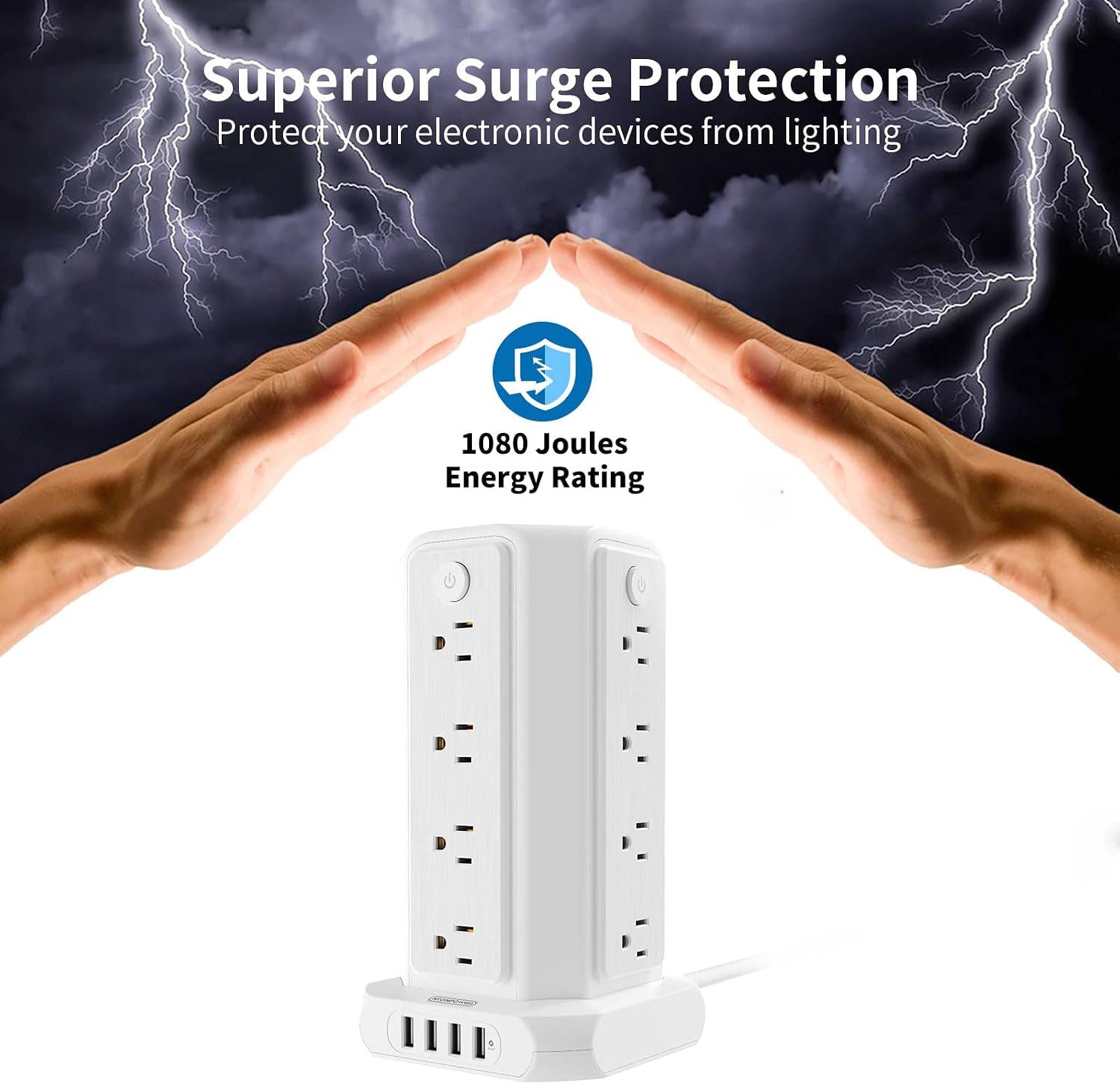 Power Up Your Space with the 10 FT Extension Cord Power Strip Tower - 16 Outlets & 4 USB Ports with Surge Protection and Individual Switches for Ultimate Convenience