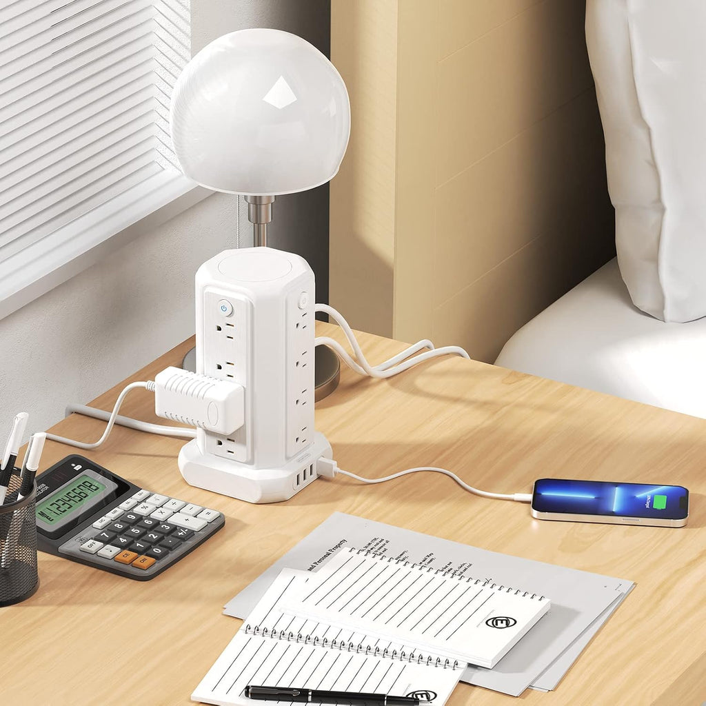 Power Up Your Space with the 10 FT Extension Cord Power Strip Tower - 16 Outlets & 4 USB Ports with Surge Protection and Individual Switches for Ultimate Convenience