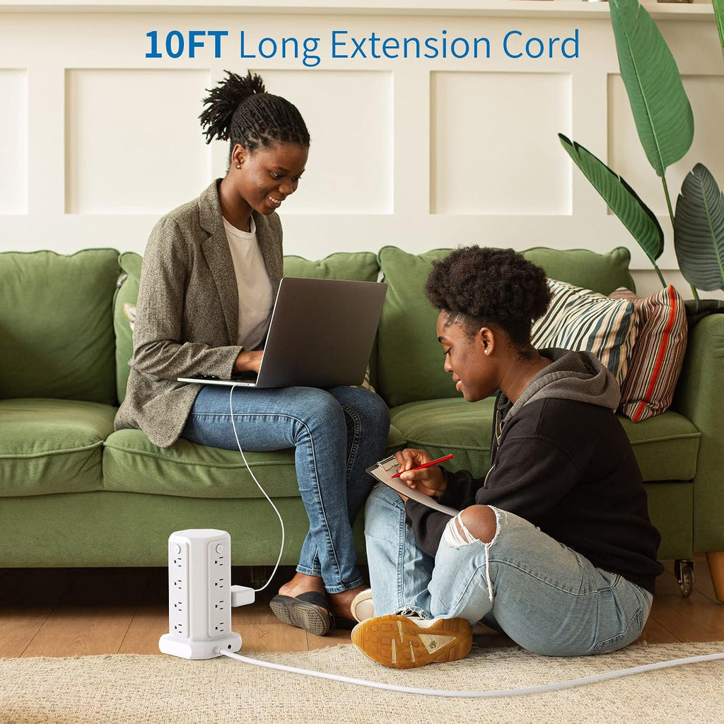 Power Up Your Space with the 10 FT Extension Cord Power Strip Tower - 16 Outlets & 4 USB Ports with Surge Protection and Individual Switches for Ultimate Convenience