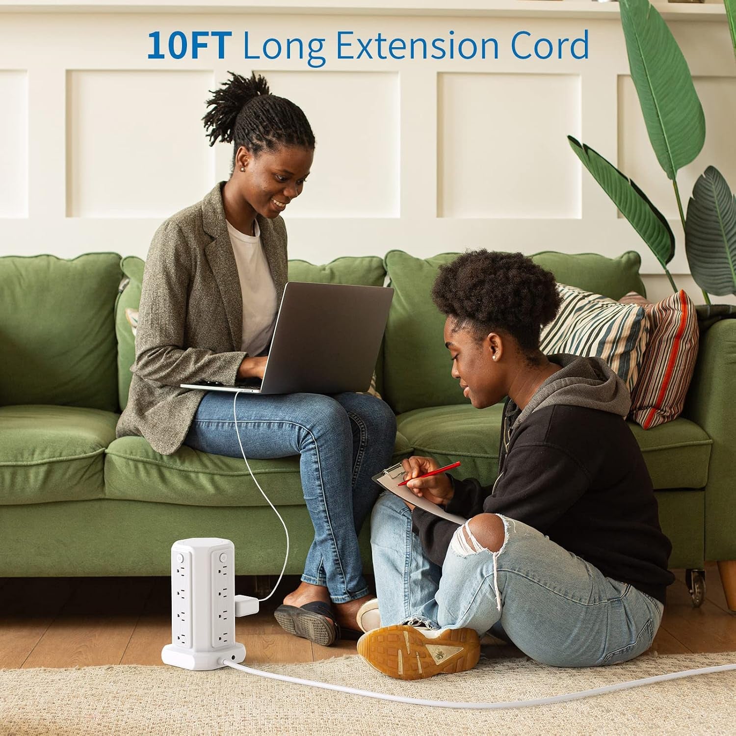 Power Up Your Space with the 10 FT Extension Cord Power Strip Tower - 16 Outlets & 4 USB Ports with Surge Protection and Individual Switches for Ultimate Convenience
