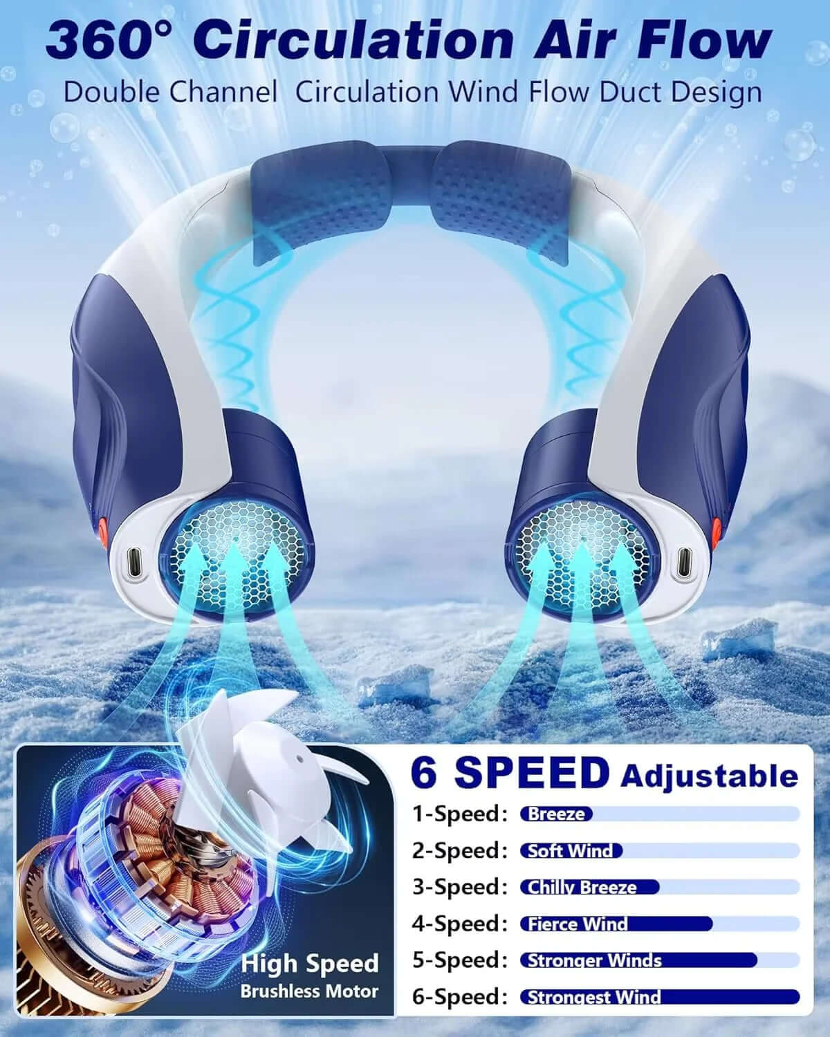 Portable Neck Fan - 6000Mah Rechargeable Personal Fan with 6 Speeds, 360° Cooling Surround Airflow, 20H Long Battery Life Hands-Free Wearable Fan for Outdoor Travel, Office, and Sports
