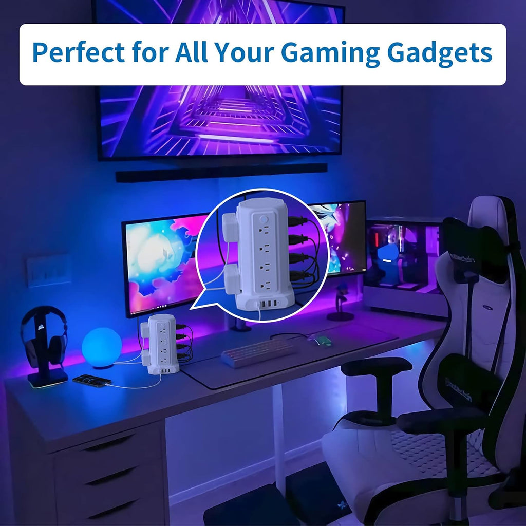 Power Up Your Space with the 10 FT Extension Cord Power Strip Tower - 16 Outlets & 4 USB Ports with Surge Protection and Individual Switches for Ultimate Convenience