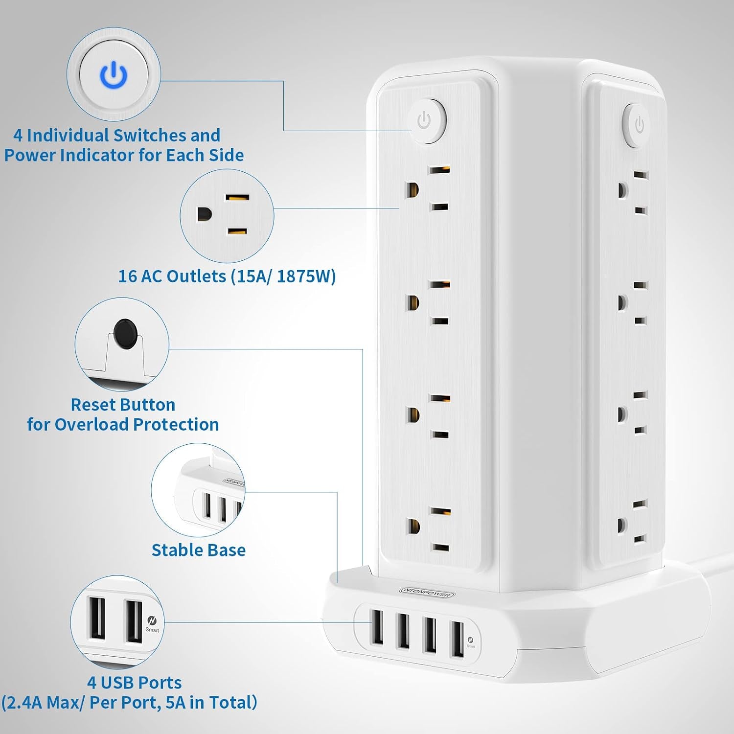Power Up Your Space with the 10 FT Extension Cord Power Strip Tower - 16 Outlets & 4 USB Ports with Surge Protection and Individual Switches for Ultimate Convenience