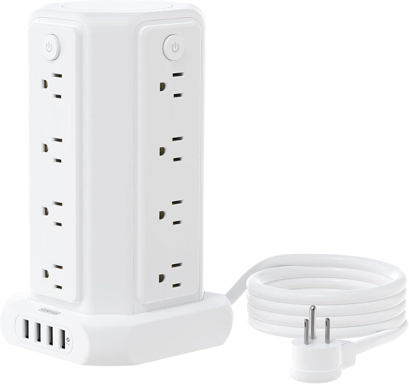 Power Up Your Space with the 10 FT Extension Cord Power Strip Tower - 16 Outlets & 4 USB Ports with Surge Protection and Individual Switches for Ultimate Convenience